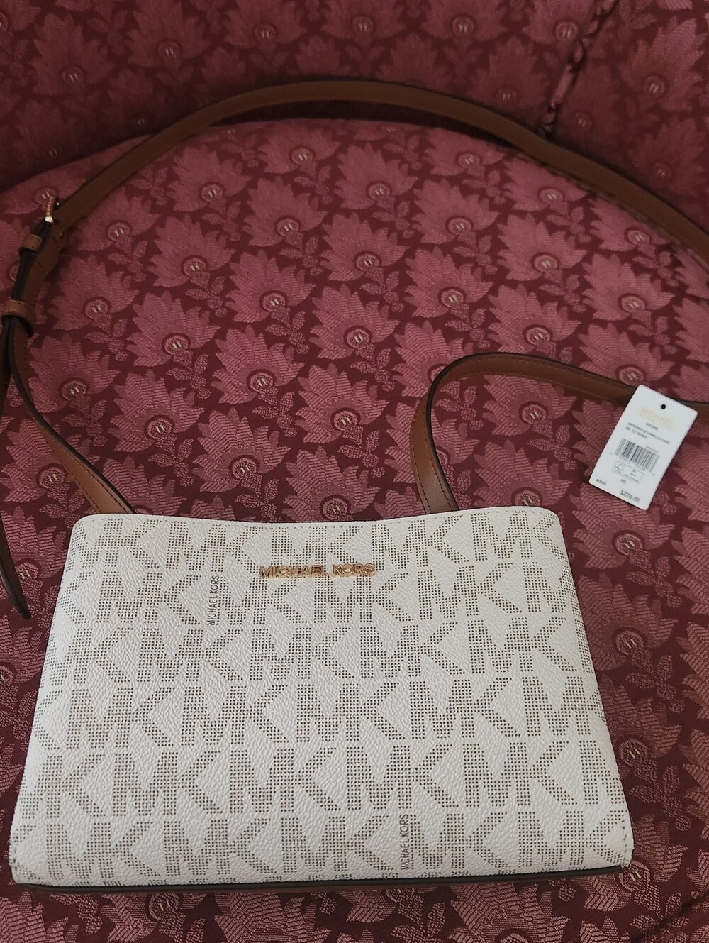 Michael Kors Ruthie White Signature MK Crossbody with Tan Strap
